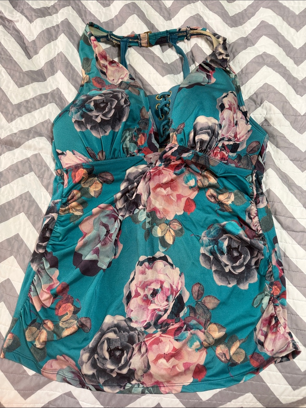 Lane Bryant Cacique Floral Teal Lace-Up Women’s Tankini Swim Top 16